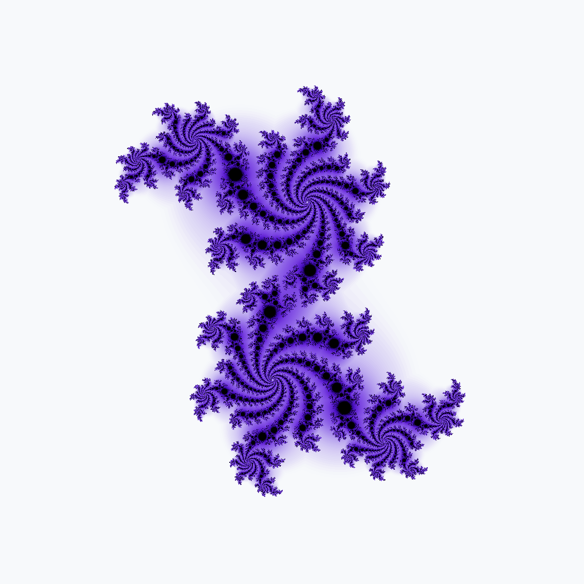The Mandelbrot set, rendered in a slate blue with a white background.
